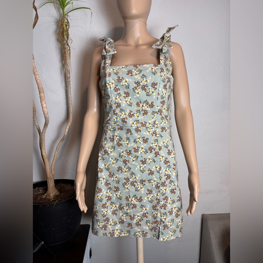 Olive Green Brown Yellow Floral Stretch Dress Bow detailing Thick Straps